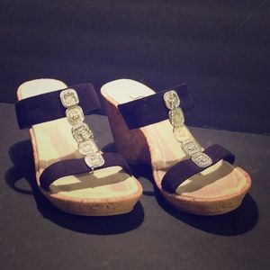 S Kemo Black Suede Cork Wedge Heel Sandal